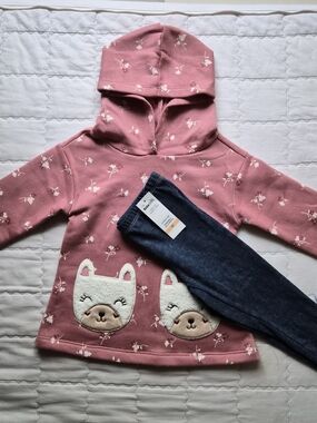Girls Pink Floral Hoodie with Kitty Applique